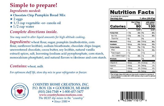 Chocolate Chip Pumpkin Bread Mix (1/2 Dozen)