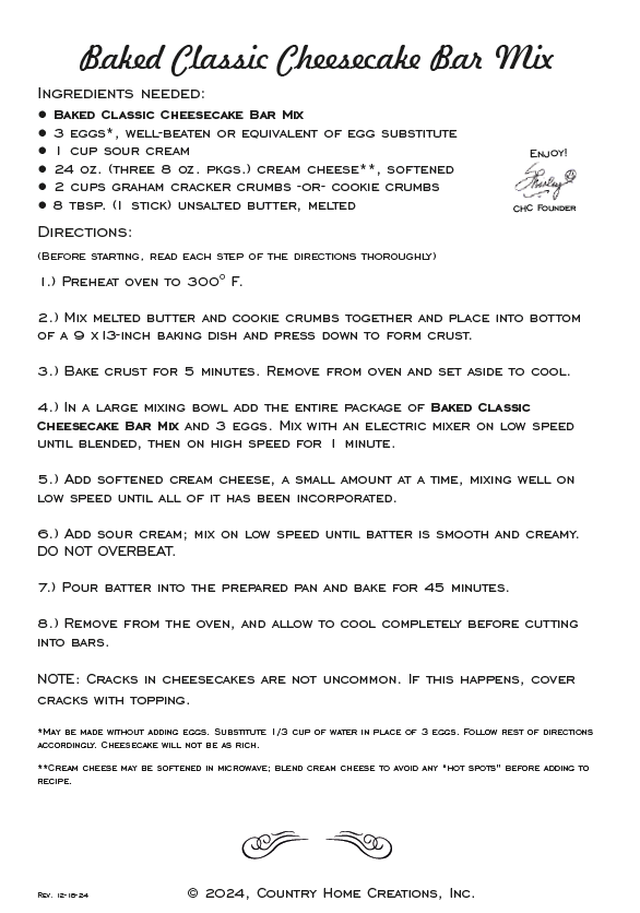 Artisan Kitchen Baked Classic Cheesecake Bars (1/2 Dozen)